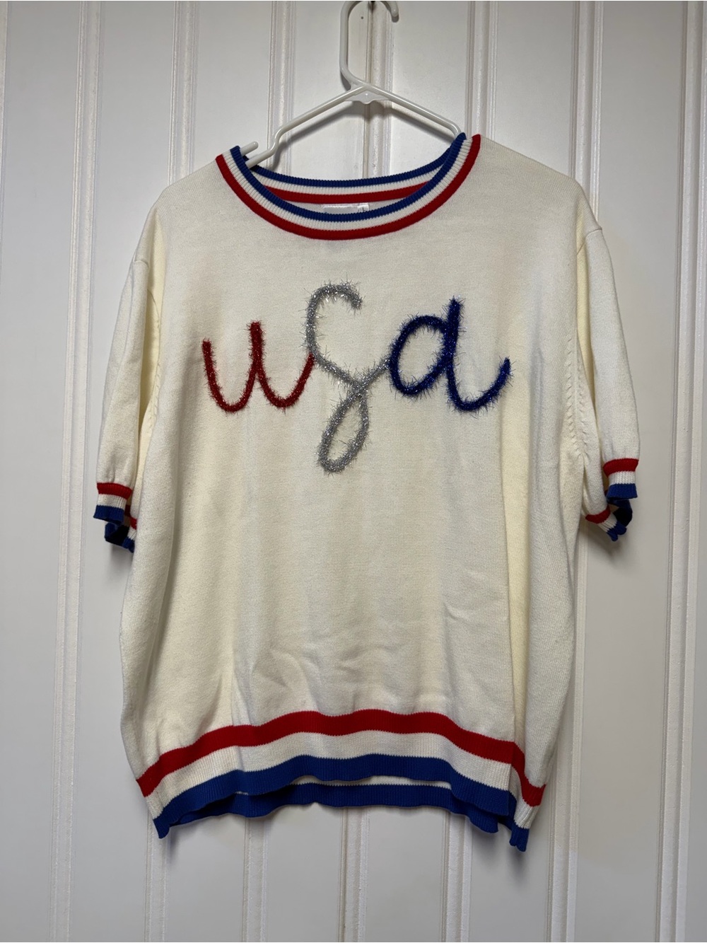 Cream 'USA' Short-Sleeve Knit Sweater with Red & Blue Trim Queens of Sparkles L